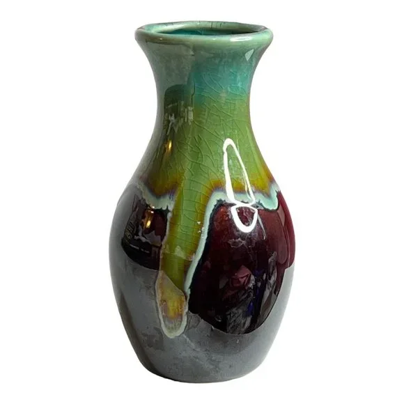 Unbranded unsigned Blue Green Brown drip glaze 5” bud vase crazing FLAW‎ - Picture 6 of 10